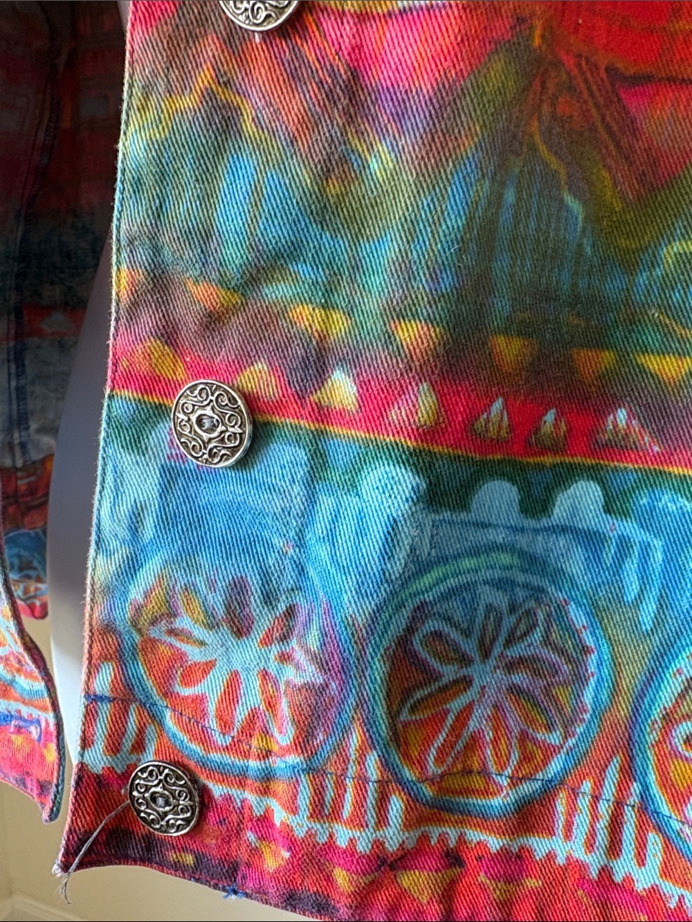 Chico's Multicolor Tribal-Print Jean Jacket - Red, Blue, Green, Pink - Picture 4 of 7